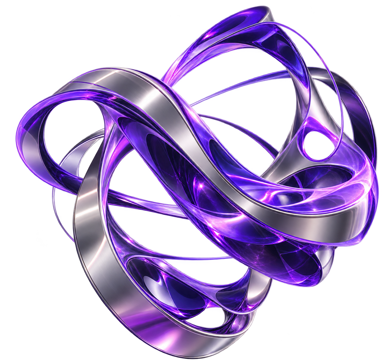 Escultura de vidrio violeta y metal que representa la conexión entre las áreas de un negocio